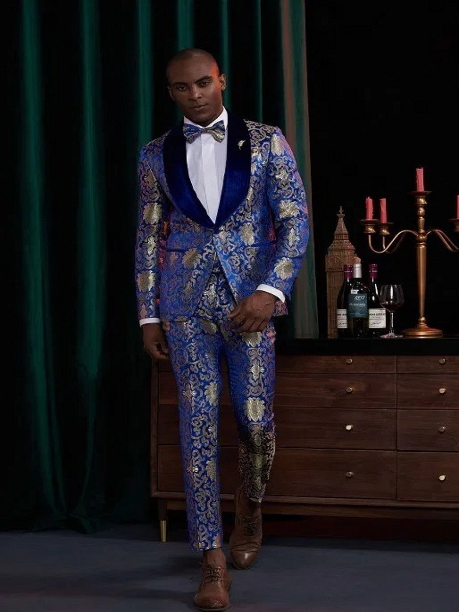 Men Suits Gold Pattern with Royal Blue Groom Tuxedos