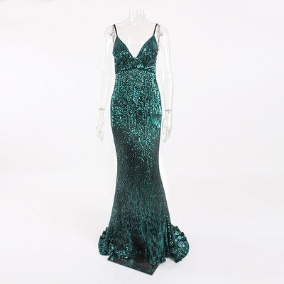 Neck Champagne Gold Sequined Maxi Dress Floor Length Party Dress  FREE SHIIPPING 5-12 DAYS