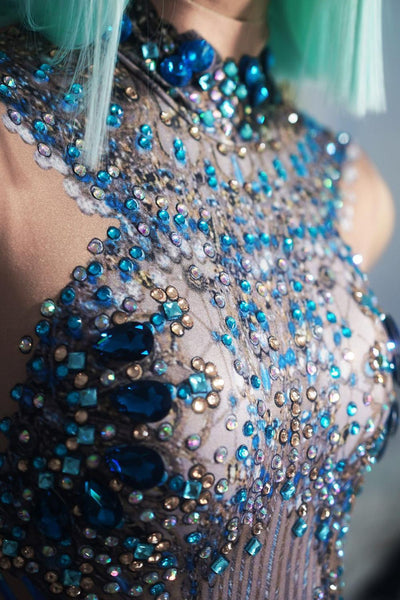 Fashion Crystals Rhinestone Party Long Dress Women Sleeveless Tassel Club Dress Blue Jazz Singer Dancer Stage Costumes