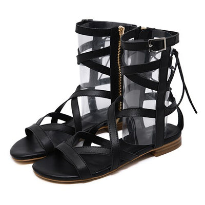 Women Gladiator Sandals Leather Lace Up Flat Bottom Shoes Breathable Sandals Open