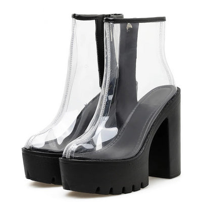 Gdgydh Spring Summer Boots Womens PVC Clear High Block Heels Side Zipper Ankle Boots Platform Shoes Rubber Sole Good Quality