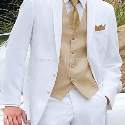 White and Gold Wedding Tuxedos for Men Stage Clothes 2019 Latest Blazer 3 Piece Notched Lapel Custom Man Suits Jacket Pants Vest