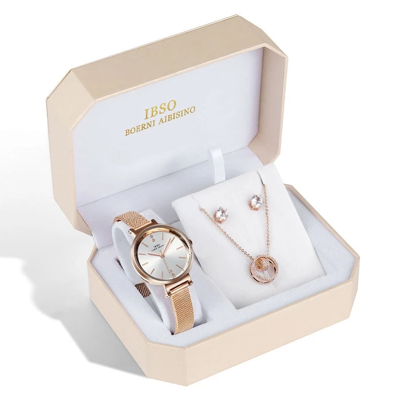 IBSO Brand Women Rose Gold Watch Earring Necklace Set Female Jewelry Set Fashion Creative Crystal Quartz Watch Lady's Gift