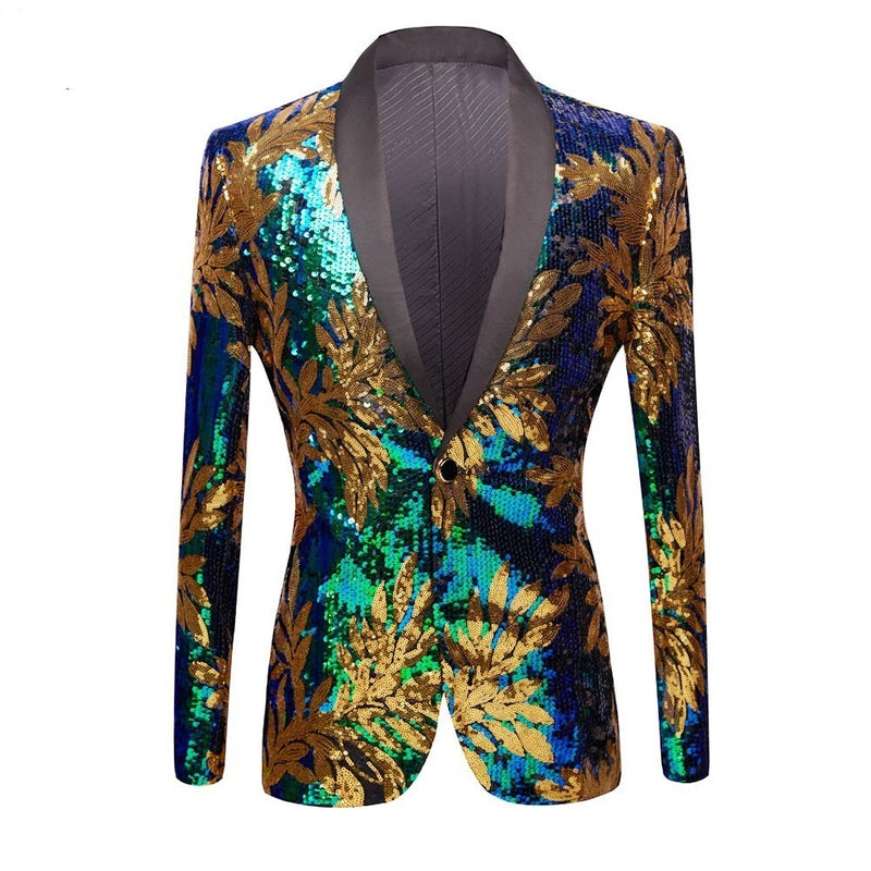 L New Green Blue Gold Leaves Pattern Sequins Blazer DJ Night Club Sing ...