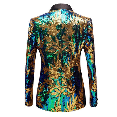 L New Green Blue Gold Leaves Pattern Sequins Blazer DJ Night Club Singers Slim Fit Men Suit Jacket Stage Shiny Costume