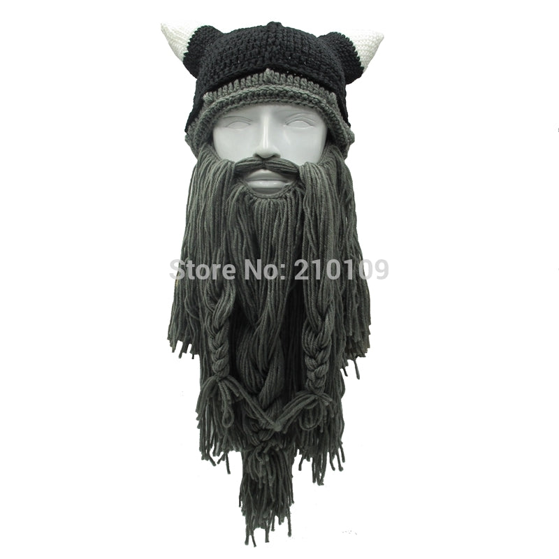 chicmaxonline Men's Barbarian Vagabond Viking Beard Beanie Horn Hats Handmade Winter Warm Birthday Cool Gifts Funny Gag Halloween Cap