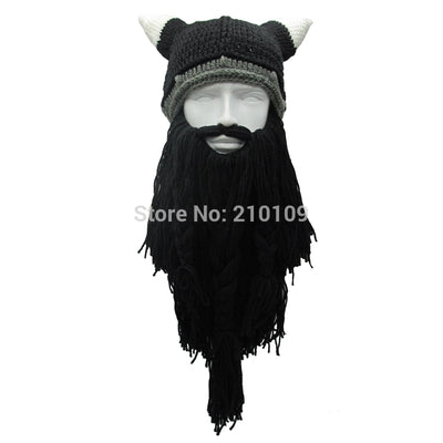 chicmaxonline Men's Barbarian Vagabond Viking Beard Beanie Horn Hats Handmade Winter Warm Birthday Cool Gifts Funny Gag Halloween Cap