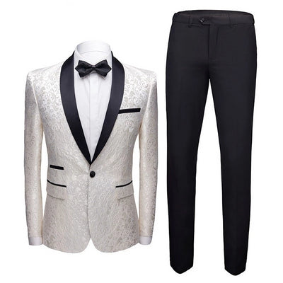 New Mens Floral Pattern Two-piece Set Suits Blue Black Champagne Burgundy Wedding Groom Prom Dress Tuxedo Costume Homme