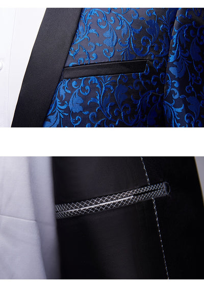 New Mens Floral Pattern Two-piece Set Suits Blue Black Champagne Burgundy Wedding Groom Prom Dress Tuxedo Costume Homme