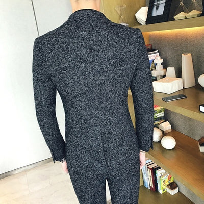 Mens Tweed Suit 2019  England Man Black Grey Autumn Winter Wedding Suit Men Complete Set Dress