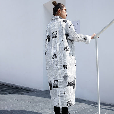 2019new Autumn Winter  Lapel Long Sleeve White Printed Loose Irregular Big Size Long Shirt Women Blouse Fashion
