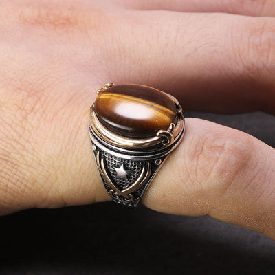 Genuine Solid 925 Silver Rings Cool Vintage Rings Natural Onyx Tiger Eye Big Turkish Rings For Men With Stones Turkish Jewellery