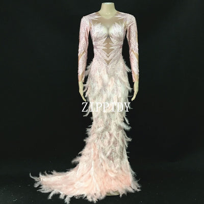 Sparkly Rhinestones Pink Feather Nude Dress Full Stones Long Big Tail Dress Costume Prom Birthday Celebrate Dresses