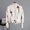 Women Floral Print Embroidery Faux Soft Leather Jacket Coat  Turn-down Collar Casual Pu Motorcycle Black Punk Outerwear