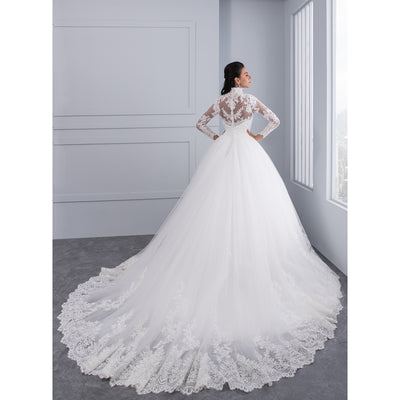 Vestido De Noiva High Neck IIIusion Back Long Sleeve Wedding Dress 2019 Lace Ball Gown Wedding Gowns robe de mariage New