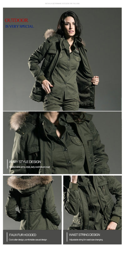Winter Jacket Womens Slim Fit Fur Collar Long Cotton-Padded Jacket Outerwear Coats Female Clothing