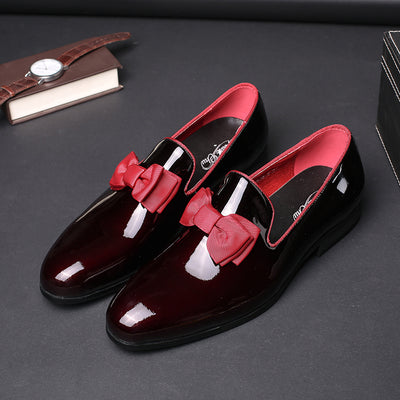 Brand Luxurious Genuine Patent Leather Men Wedding Dress Shoes With Bow Tie Men's Banquet Party Formal Loafers
