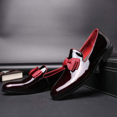 Brand Luxurious Genuine Patent Leather Men Wedding Dress Shoes With Bow Tie Men's Banquet Party Formal Loafers