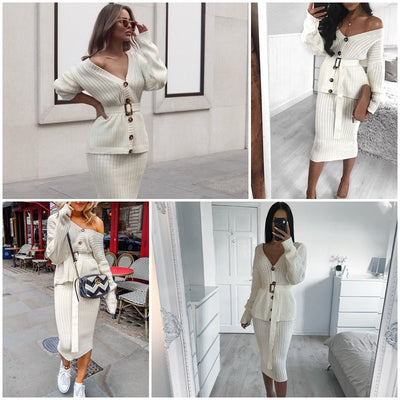 BerryGo Two-piece women knitted dress set Elegant autumn winter sweater dress suits Long sleeve button sashes pure skirt suit