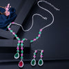 Beautiful Green and Red CZ Zirconia Stone Jewelry 4 Leaf Long Drop Party Necklace Earrings Sets for Women