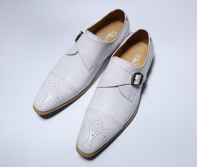 Genuine Cow Leather Men Monk Strap Wedding Dress Shoes White Pointed Cap Toe Male Party Footwear 39-45