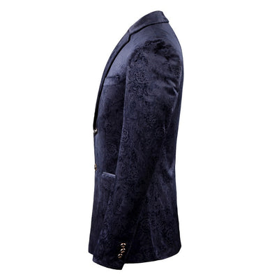 Male Retro Vintage Navy Blue Floral Print Casual Velvet Blazer Homme Design Casacas Men Coat Slim Fit Suit Jacket