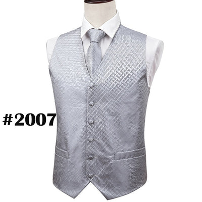Mens Classic Green Solid Jacquard Folral Silk Waistcoat Vests Handkerchief Tie Vest Suit Pocket Square Set Barry.Wang Desingers