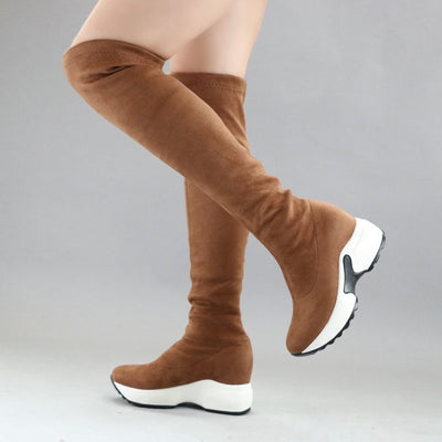 2020 Stretch Fabrics Over The Knee Boots Height Increasing Round Toe Women Shoes Autumn Winter Casual Long Boots Size34-43