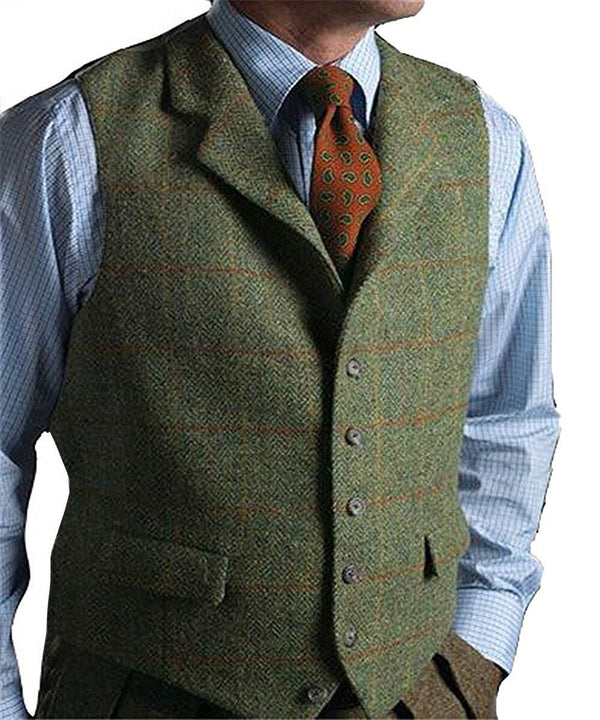 Men's Vest Green Vest Tweed Wool Waistcoat Slim Fit Lapel Plaid Suit V ...