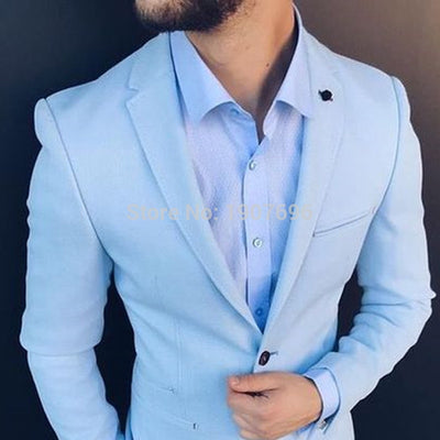 Slim Fit Men Suits for Wedding Prom Tuxedos 2019 Light Sky Blue 2 Piece Jacket Pants Male Suit Set Man Stage Clothes