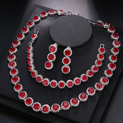 Luxury Red Circular Set Necklace Earring Bracelets 925 Sterling Silver Necklace 42cm Earring 3cm Bracelets 18cm EHBK-043