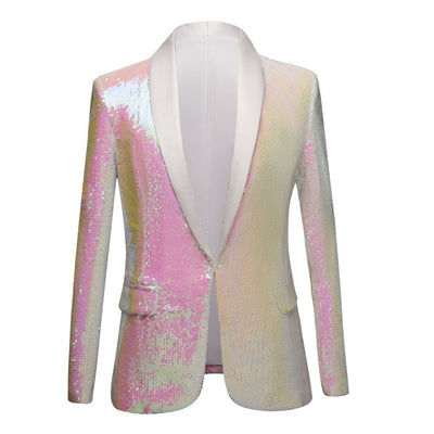 New Men Pure White Pink Sequins Shawl Lapel Blazers Gentleman Prom Dress Suit Jacket Night Club Singers Slim Fit Costume