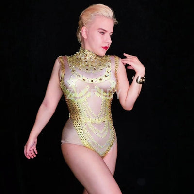Gold Rhinestones Fringes Bodysuit Evening Birthday Celebrate Outfit Bar Women Singer Dancer Stage Big Stone Clothes