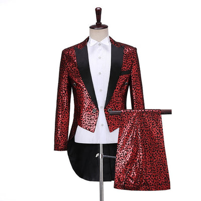PYJTRL Mens Fashion Gold Red Leopard Print Two-piece Set Swallowtail Suit Wedding Groom Stage Singer Party Prom Dress Tuxedos