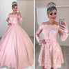 2019 Unique Lace Tulle Off-the-shoulder Neckline 2 In 1 Wedding Dresses Long Sleeves Mariage Detachable Skirt Pink Bridal Dress
