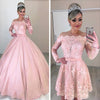 2019 Unique Lace Tulle Off-the-shoulder Neckline 2 In 1 Wedding Dresses Long Sleeves Mariage Detachable Skirt Pink Bridal Dress