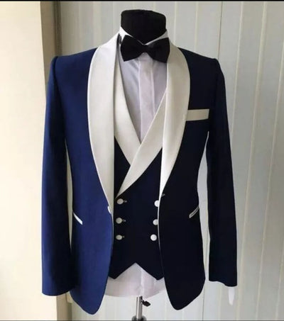 New Style Groomsmen Peak Lapel Groom Tuxedos Royal Blue Men Suits Wedding Best Man ( Jacket+Pants+Bow Tie+Vest )