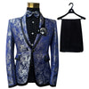 Men Shawl Lapel 3 Piece Set Suit Blue Floral Pattern Jacquard Wedding Groom Singers Prom Costume Latest Coat Pant Designs