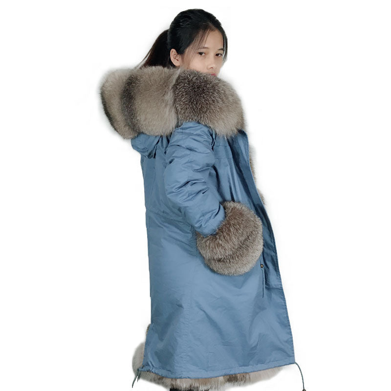 Sky Blue Luxury Women Parka Jackets Winter Sliver Fox fur Jacket with fur cuff artificial lining warm parkas in womens free shipping world wide take about 5-9 days