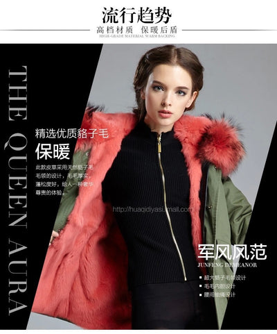 Winter Coral Women Detachable Big Fur Hooded Coat, Popular Army Green Coral Lining Coat Jacket MRS FURS free shipping world wide take about 5-9 days