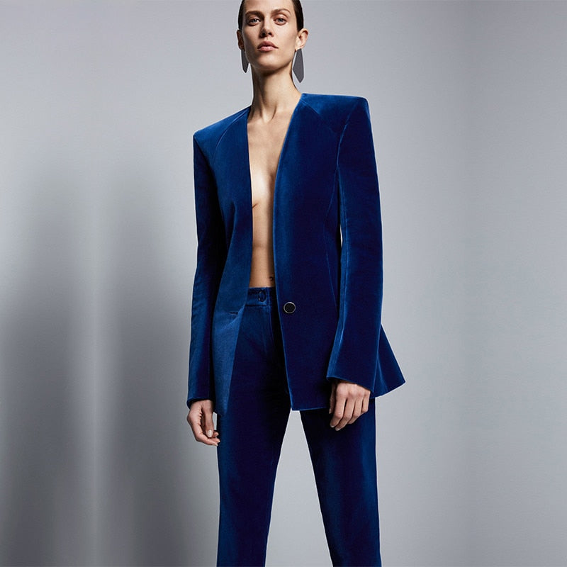 Fashion Royal Blue Velvet Women Formal Business Pant Suits Women Slim -  chicmaxonline