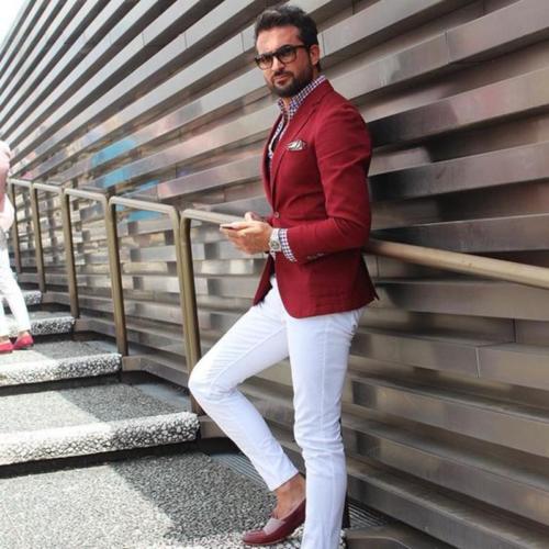 Men's Casual Red Suits With White Pants Groom Wedding Party Tuxedo Cus ...