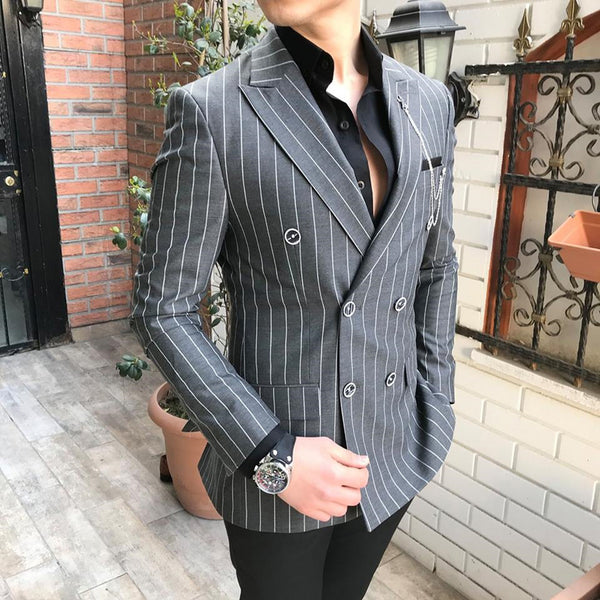 Stylish Suit Jackets Slim Fit Prom Tuxedos Striped Wool Double Breaste ...