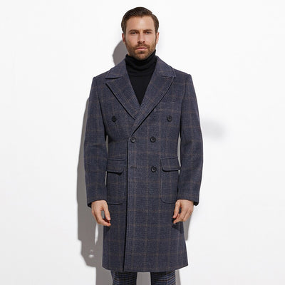 2020 Winter Topcoat Double Breasted Navy Windowpane Long Coat Custom Made Heavy Warm Wool Blend Tailored Slim Long Jacket Autumn FREE SHIPPING 6-11 DAYS