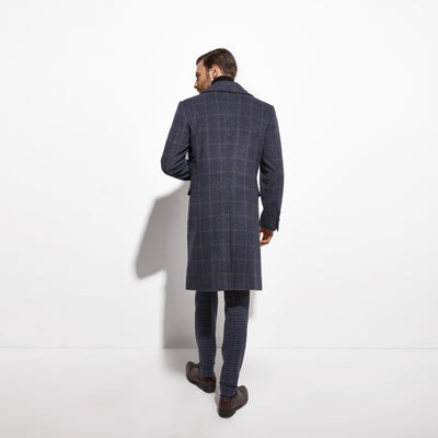 2020 Winter Topcoat Double Breasted Navy Windowpane Long Coat Custom Made Heavy Warm Wool Blend Tailored Slim Long Jacket Autumn FREE SHIPPING 6-11 DAYS