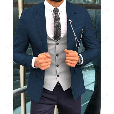 New Design Men's Suits Prom Tuxedos 3 Pieces Slim Fit Plaid Formal Wedding Grooms Blazer Vest Pants Business Jacket 2020 FREE SHIPPING 5-11 DAYS