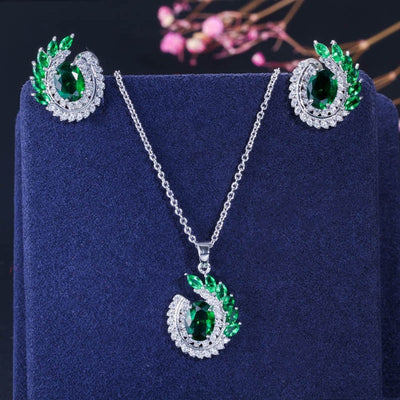 Classic Leaf Shape Green Cubic Zirconia Trendy Pendant Necklace and Earring Jewelry Sets for Ladies Fashion Gift T055