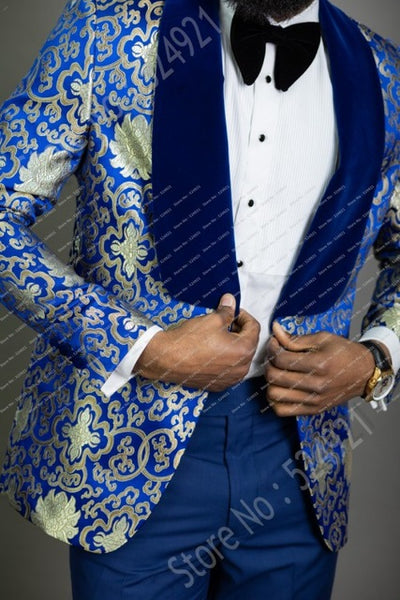 New Arrival Men Suits Blue Pattern and Black Groom Tuxedos Shawl Lapel Groomsmen Wedding Best Man ( Jacket+Pants+Tie ) C744