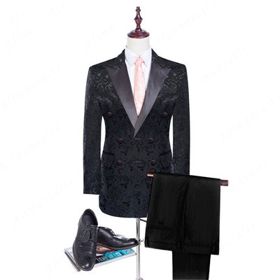 Men Suits Silver Grey Pattern and Black Groom Tuxedos Shawl Lapel Groomsmen Wedding Best Man ( Jacket+Pants+Tie ) C746 free shipping 5-10days