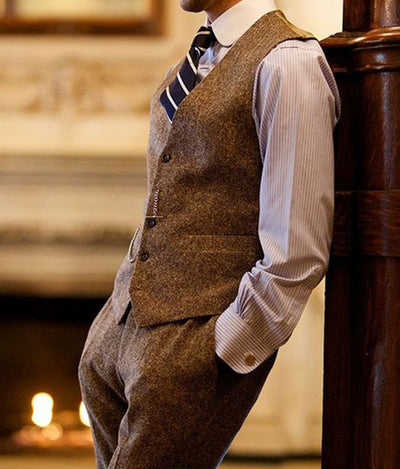 Mens Suit Vest V Neck Wool Brown Grey Single-breasted Waistcoat Casual Formal Business Groomman For Wedding Slim Fit Vest free shipping 6-10days